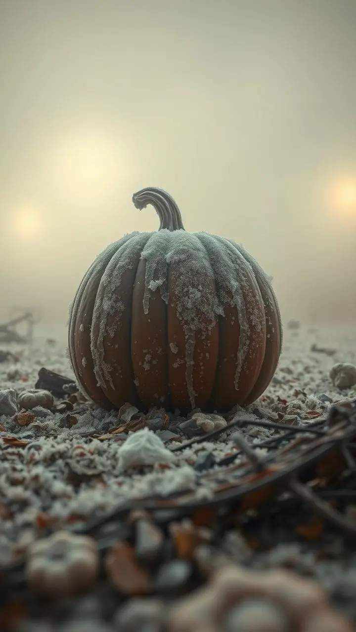 Frosty pumpkin in foggy, animated infrared photo.