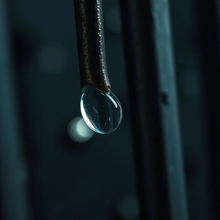 Macro shot of cold metal cage bars with a water droplet reflecting light.