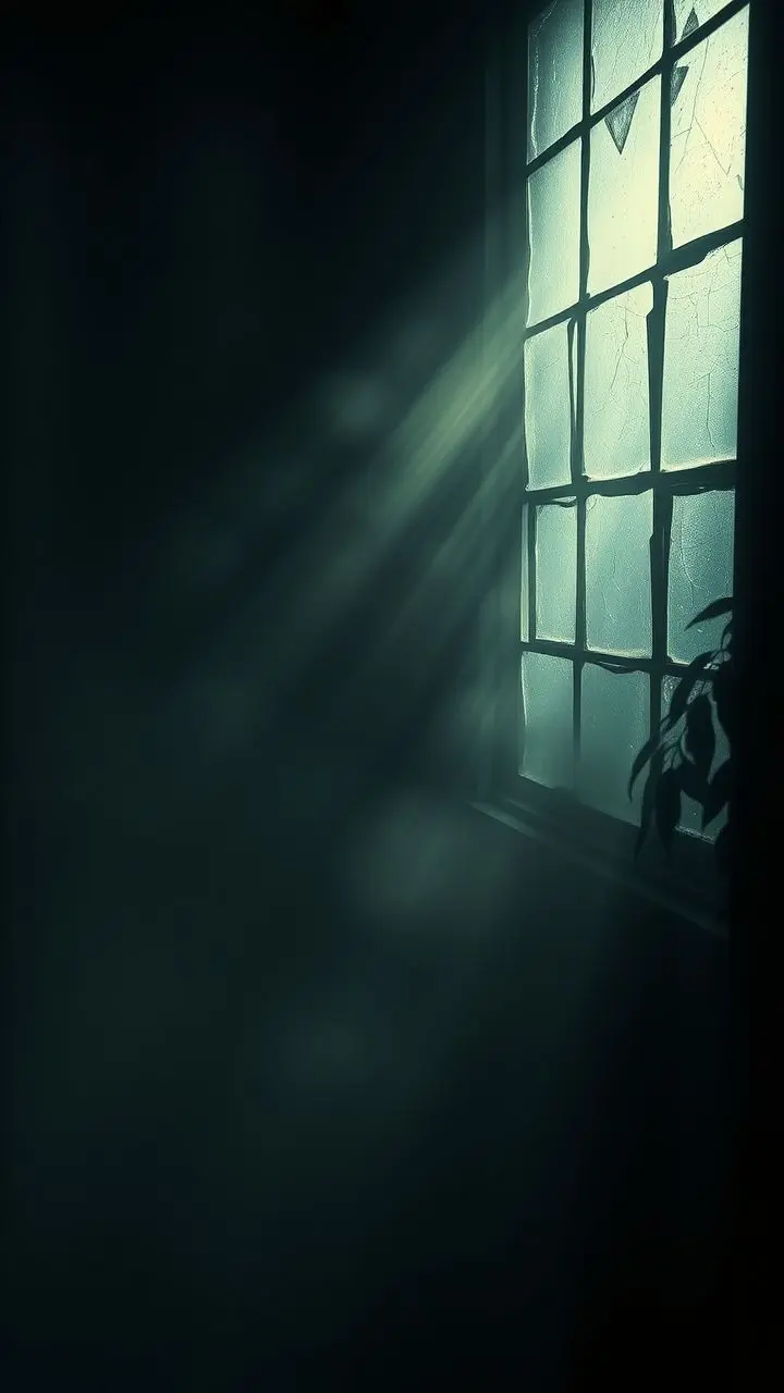 Summer noon landscape with ice fog, cicada sounds, shattered windows, and film noir lighting.