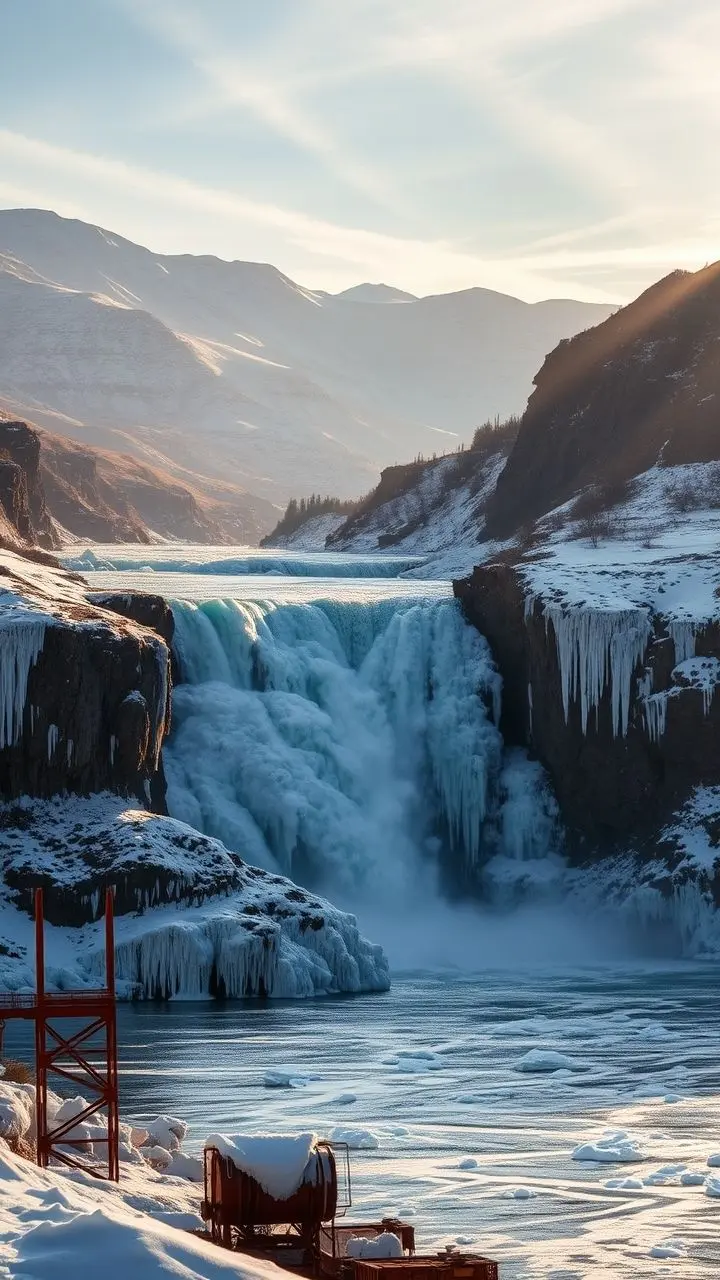 Frozen waterfall and mountains at dawn with rusted metal.