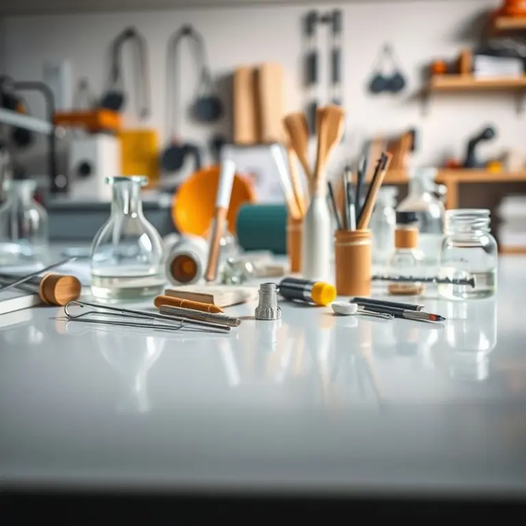 Scientific tools and craft materials neatly arranged under soft lighting.