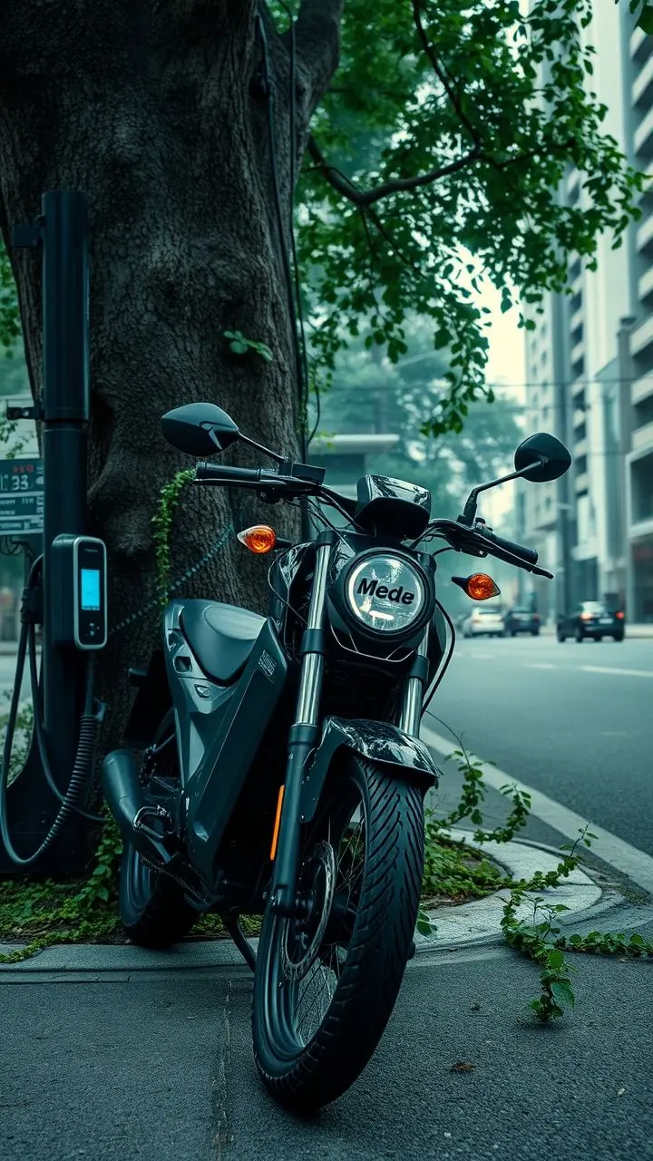 Electric bike charging next to a tree with tree rings, showing collision damage and glitching vines.