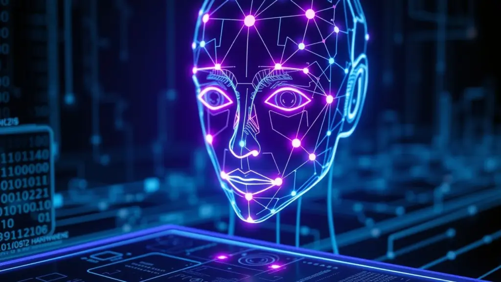 Futuristic AI face made of glowing lines on a transparent screen.