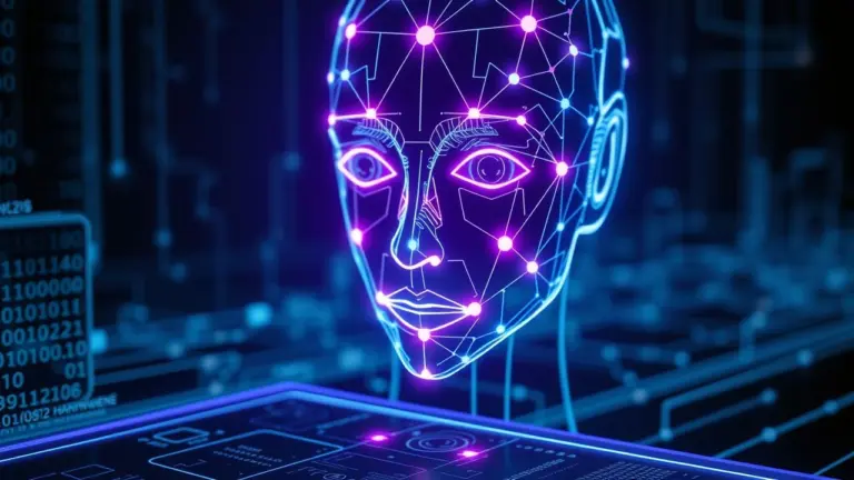 Futuristic AI face made of glowing lines on a transparent screen.