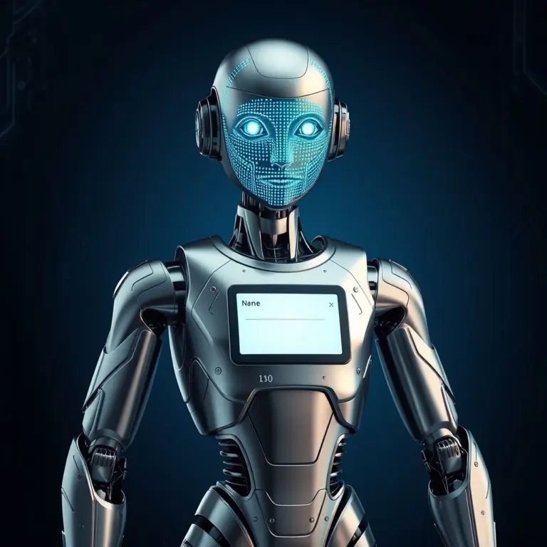 Humanoid AI robot with blue glowing circuits and eyes, metallic body, and interface screen.