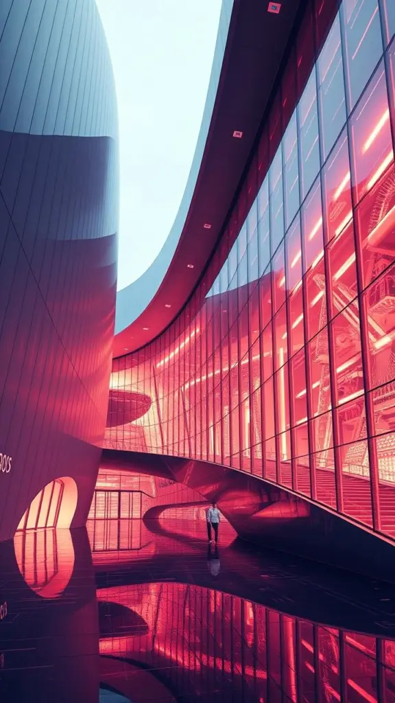 Sleek, modern architecture with mechanical lines and wet outlines, lit by photometric lighting and chaotic infrared patterns.