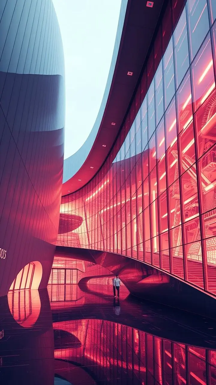 Sleek, modern architecture with mechanical lines and wet outlines, lit by photometric lighting and chaotic infrared patterns.