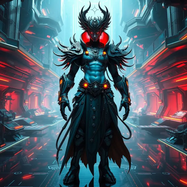 Futuristic humanoid avatar in a neon sci-fi environment.