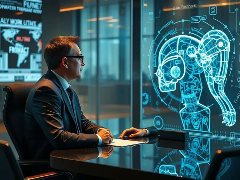 Businessman interacting with a holographic AI projection.
