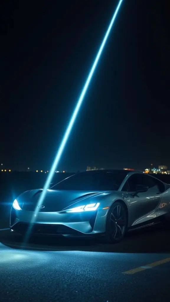 Modern car with laser spotlight in night city.