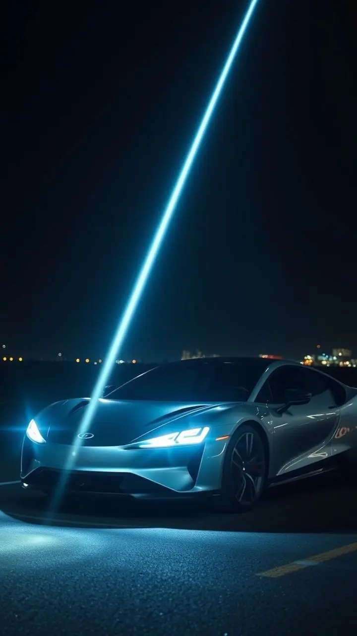 Modern car with laser spotlight in night city.