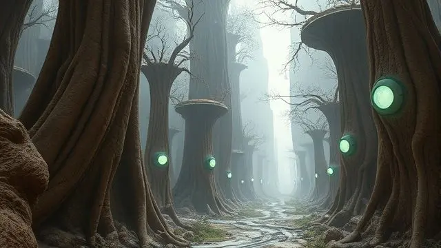 Concept art of a futuristic clay forest with glowing metallic structures, viewed with a dolly zoom.