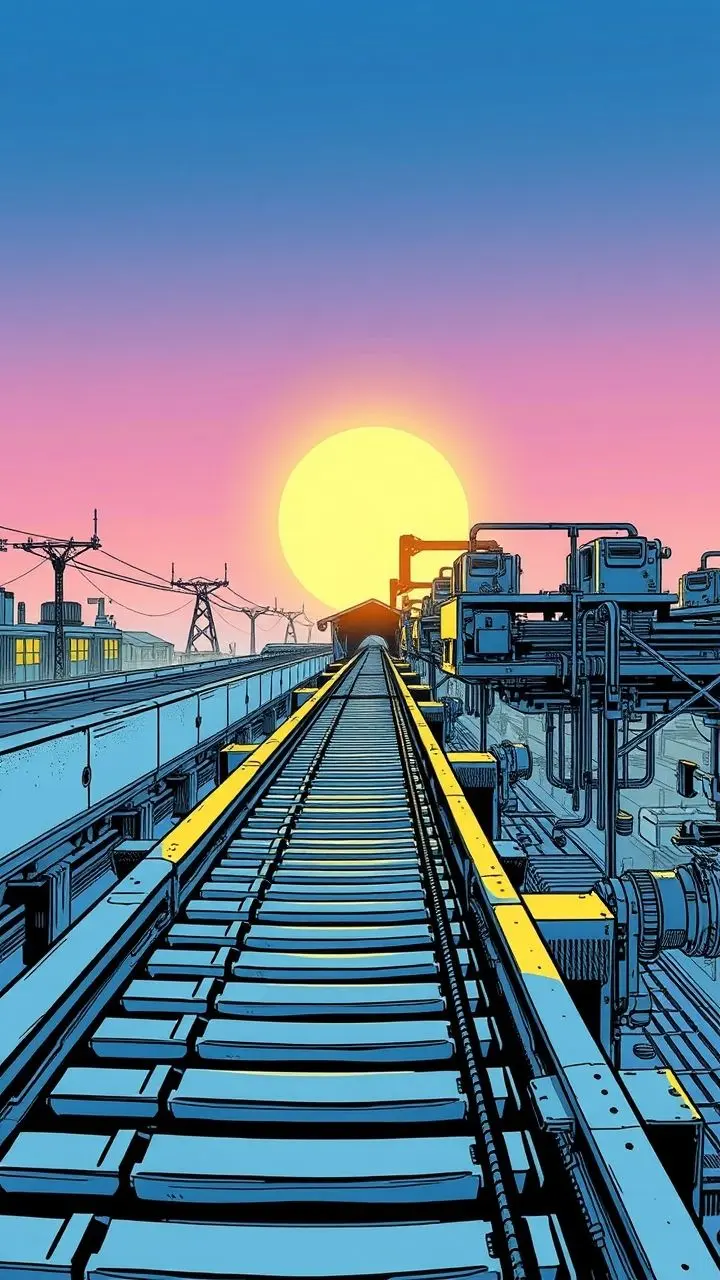 Grainy comic book style illustration of a futuristic conveyor belt with a glowing central structure.