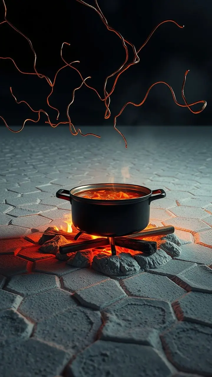 Dutch oven stew in a salt flat with hexagonal patterns, futuristic particles, and cinematic lighting.