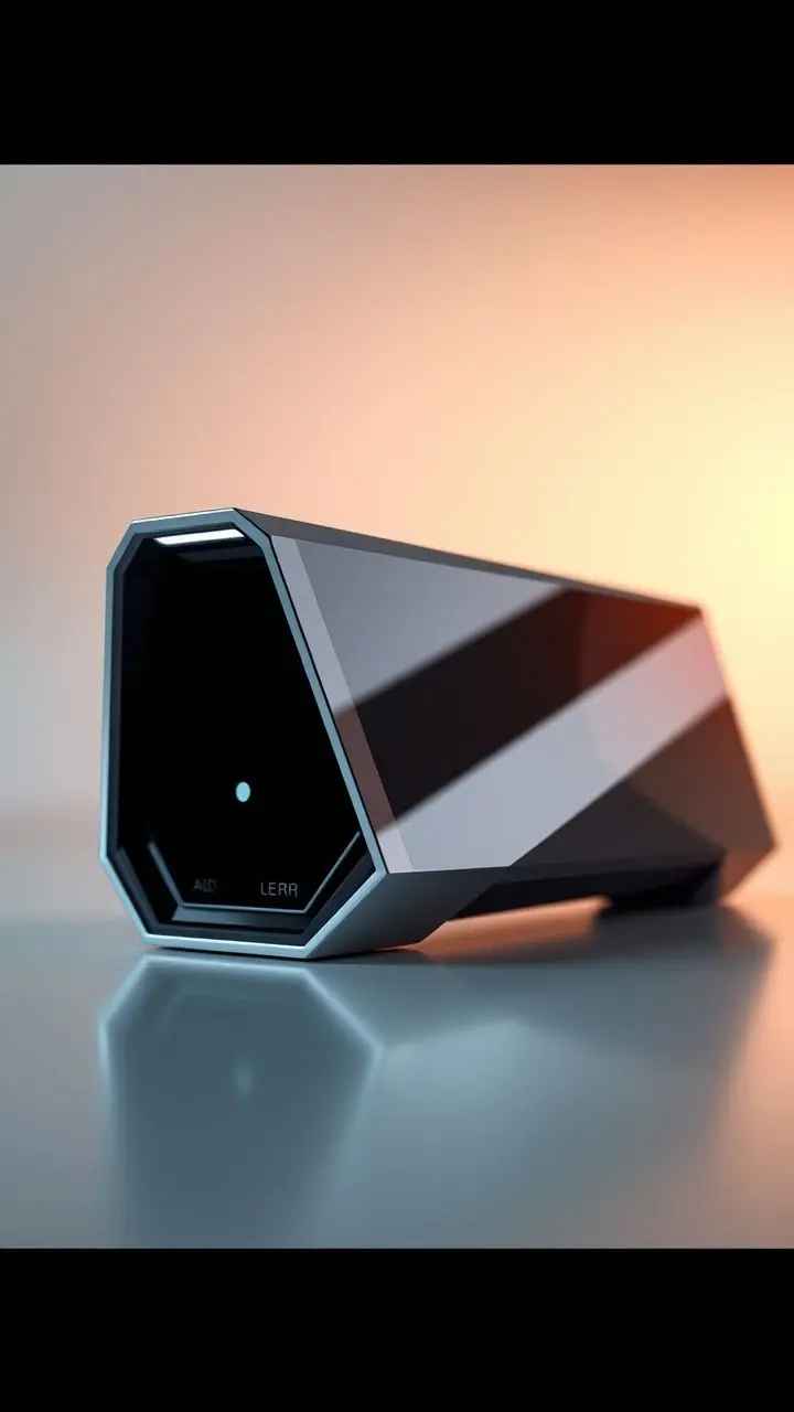 Close-up of a sharp-edged, futuristic device on a plain background.