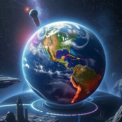 Earth from space, showing advanced futuristic cities, superhero universe concept.