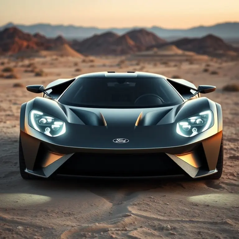 White 2026 Ford GT Raptor driving in desert at dawn.