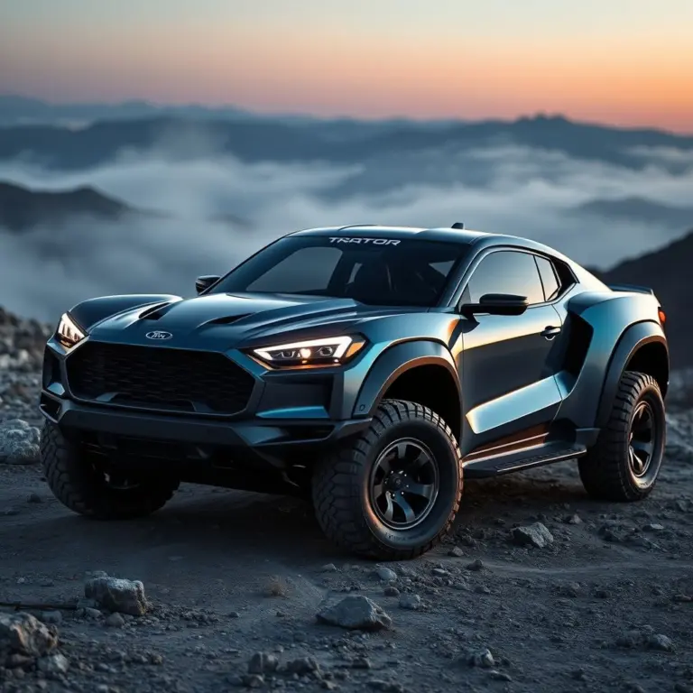 A blue and silver 2026 Ford GT Raptor with glowing LED headlights on a misty, rugged terrain with distant mountains.
