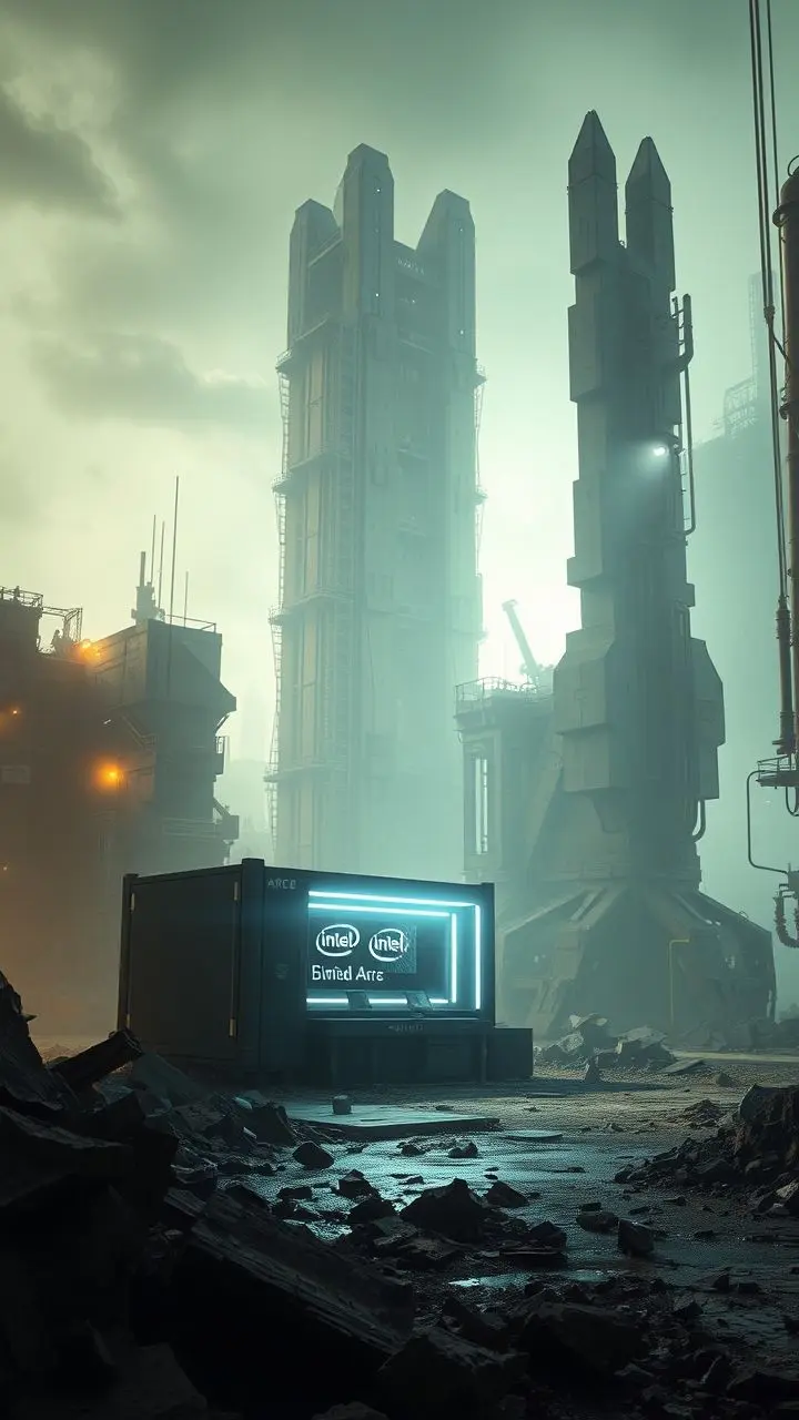 Futuristic compute and dressing area with Intel Arc build station in industrial setting with fog.