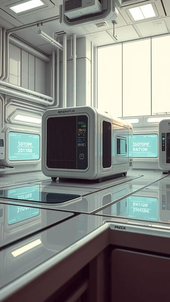 Futuristic generator adjusting isotope ratios in a retrofuturistic lab.