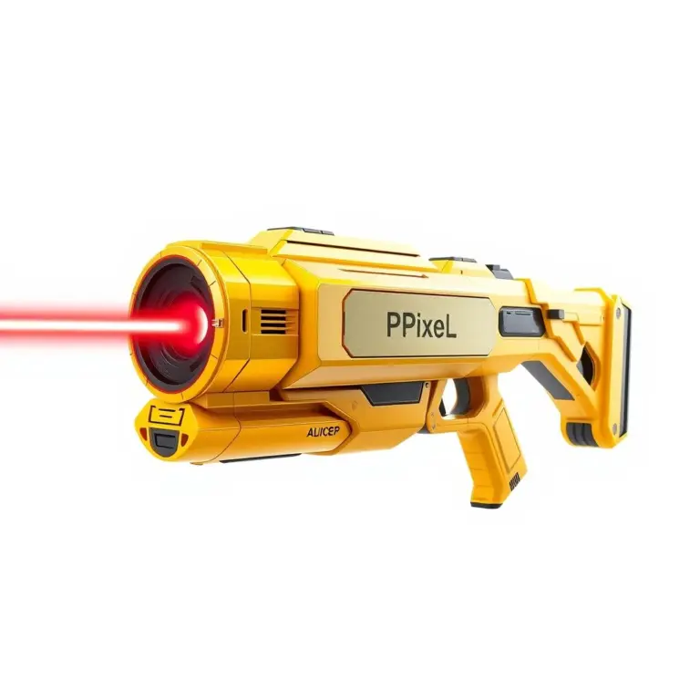 Yellow futuristic laser blaster with red beam and "Pixel" engraving.