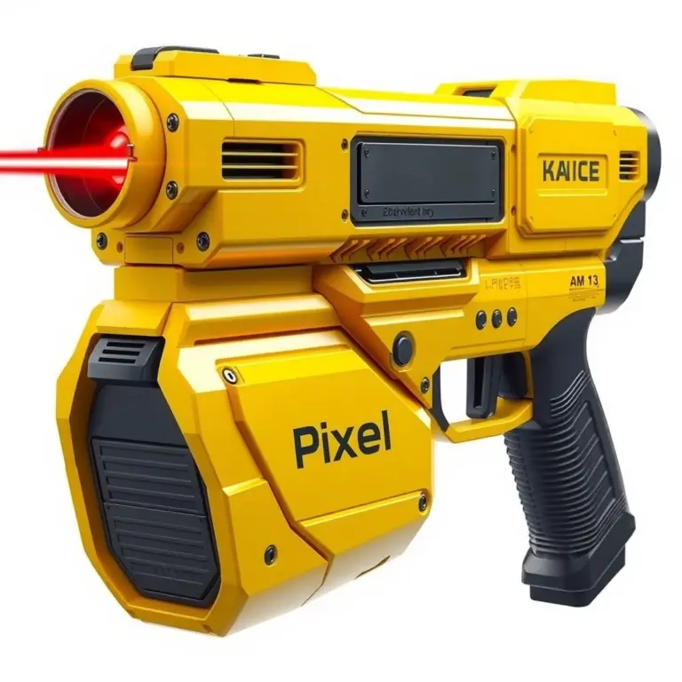 Yellow futuristic laser blaster with red laser beam and 'Pixel' engraving.