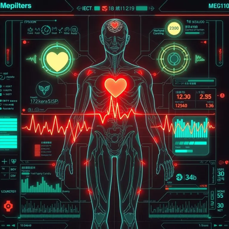 Cyberpunk medical interface showing human body schematic with glowing vitals.