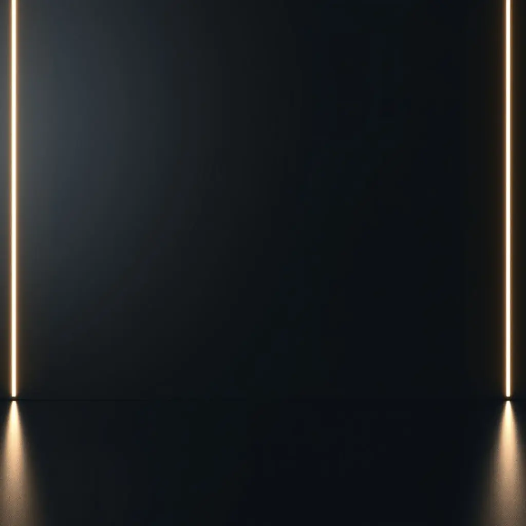 Minimalist black background with neon and metallic highlights.