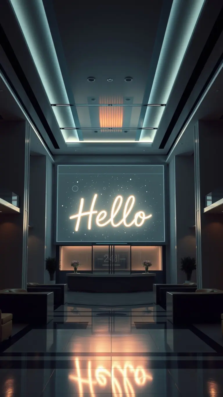 Futuristic lobby with a glowing 'Hello' hologram.