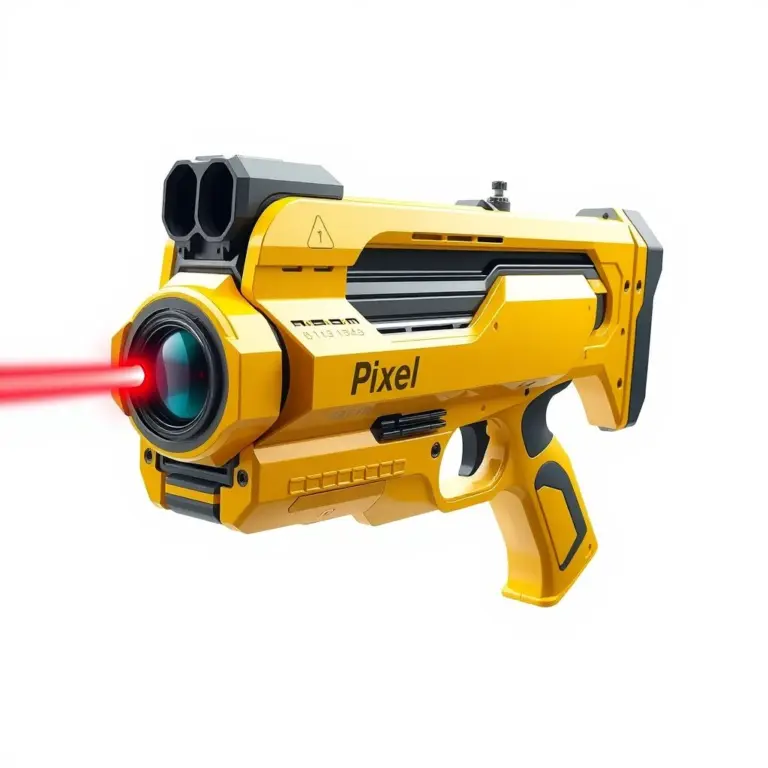 Yellow glossy futuristic laser blaster with red beam and 'Pixel' engraving on white background.