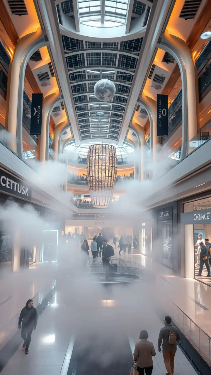 Futuristic shopping mall atrium with planetary-inspired design, mist, and cinematic lighting.