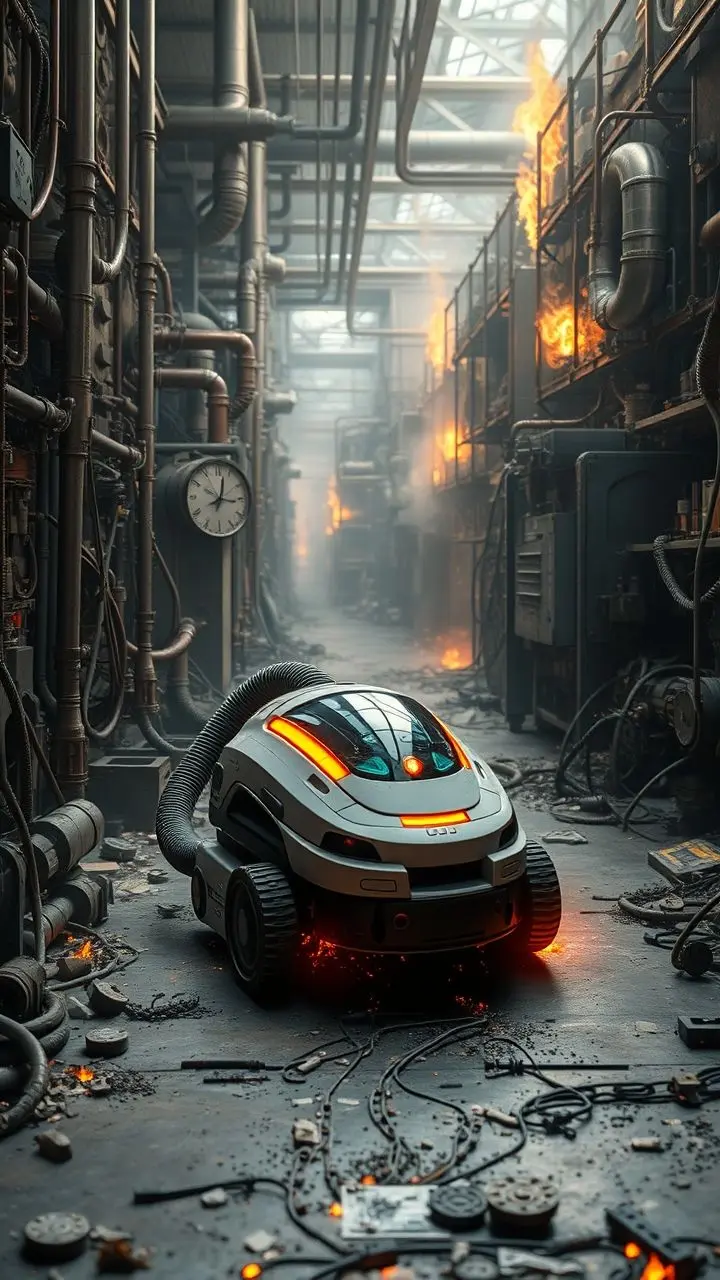 Steampunk robot vacuum cleaning a cluttered industrial storage facility with glowing energy.