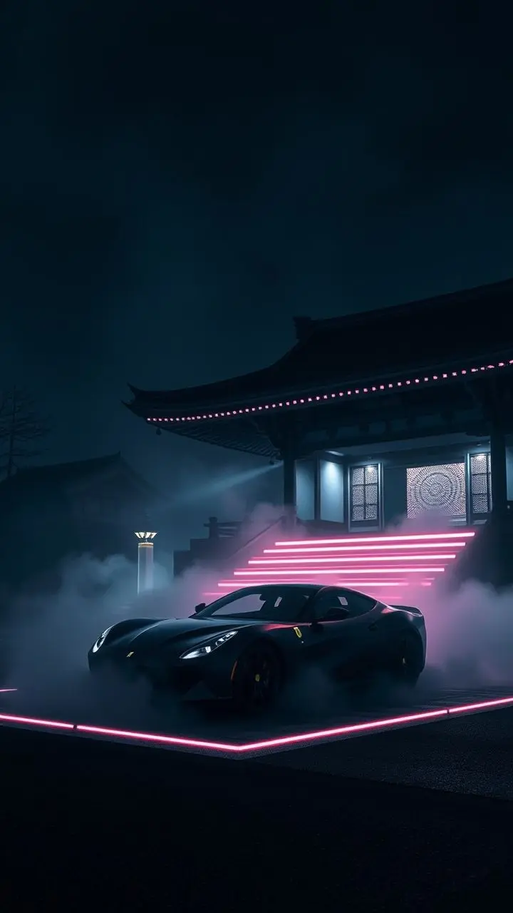 Night view of Kiyomizu-dera temple stage with a Ferrari in fog, featuring neon outlines and a Fibonacci spiral.
