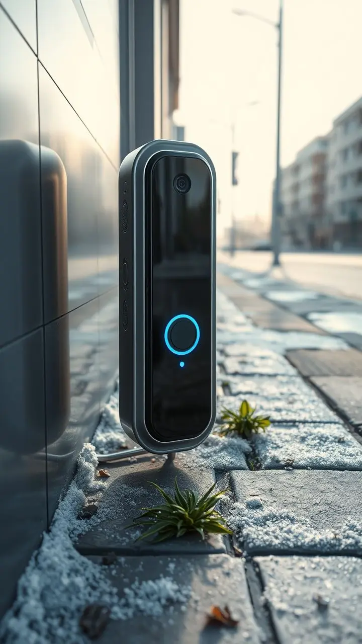 Futuristic doorbell on icy street with frost and pale sunlight.