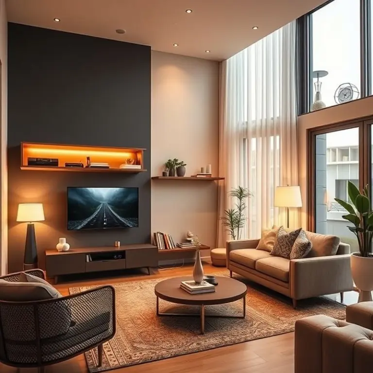 Modern living room with smart home technology.