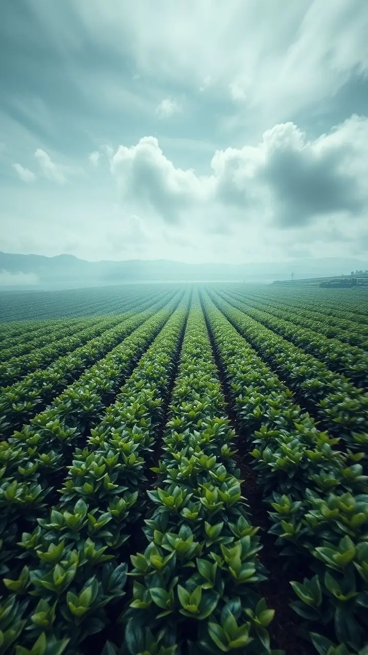 Futuristic tea plantation with green plants in rows, thermal belt zones, icy effects, and motion blur.