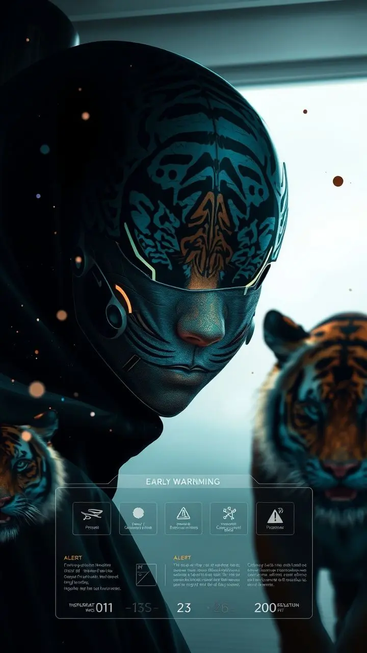 Infographic with futuristic face mask, tiger patterns, gateway, and warning system.