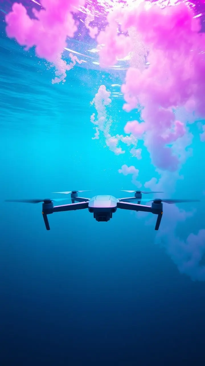 Futuristic underwater drone with vaporwave colors.