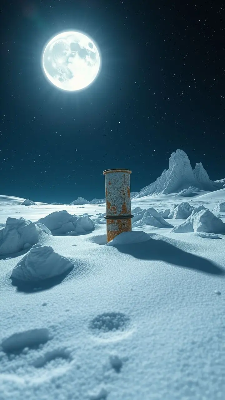 Winter landscape with snow, sastrugi, and a metallic tube with AR effects.