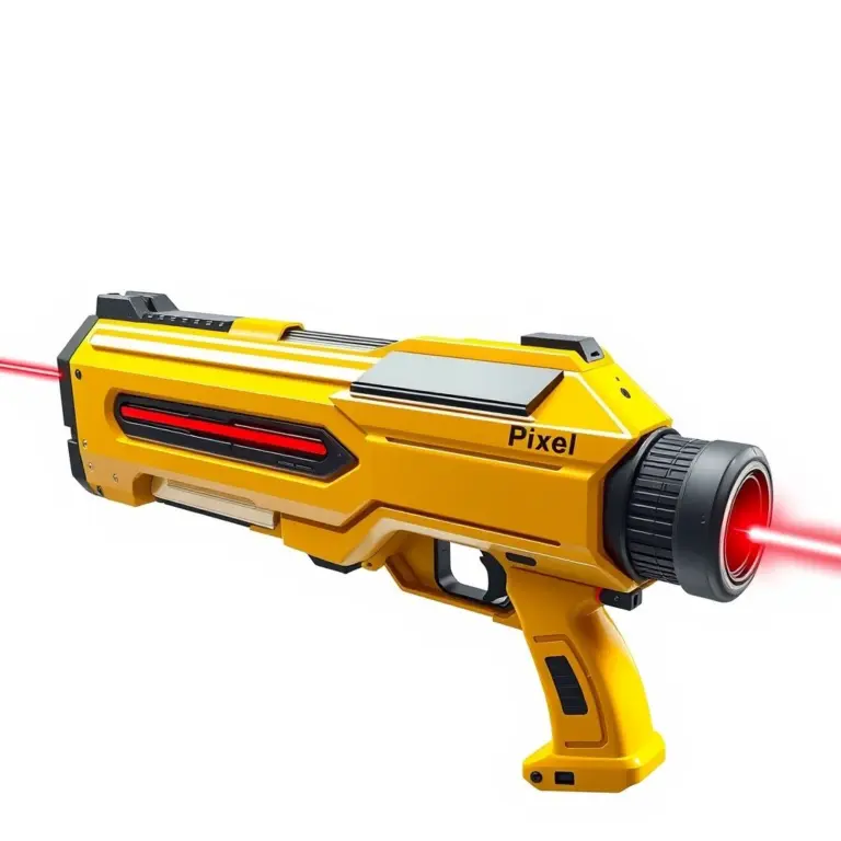 Futuristic yellow laser blaster with red beam and 'Pixel' engraving.