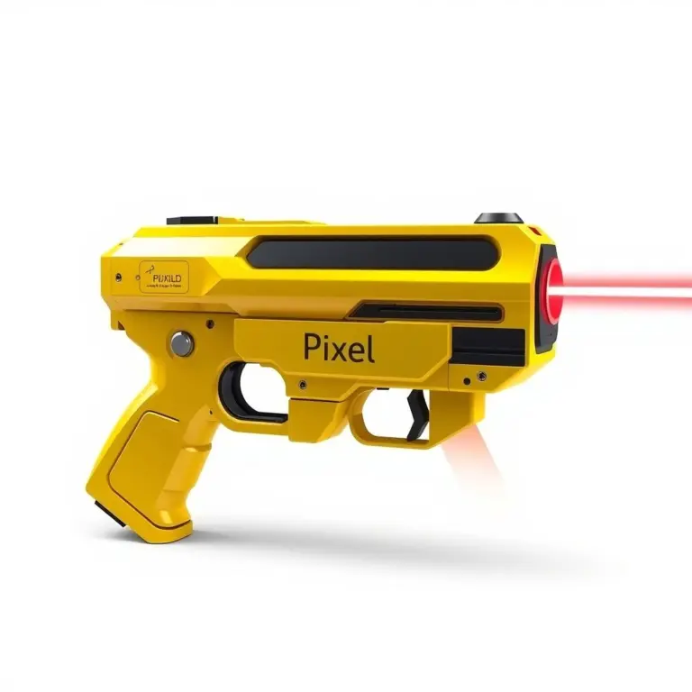 Futuristic yellow laser blaster with red beam, 'Pixel' engraving.