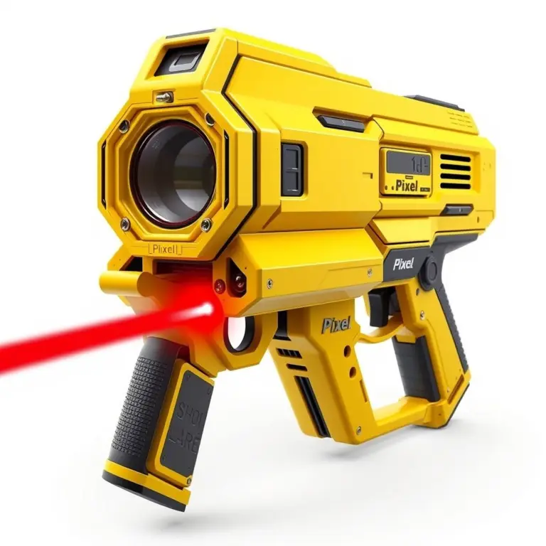 Yellow futuristic laser blaster with red beam, 'Pixel' engraving.
