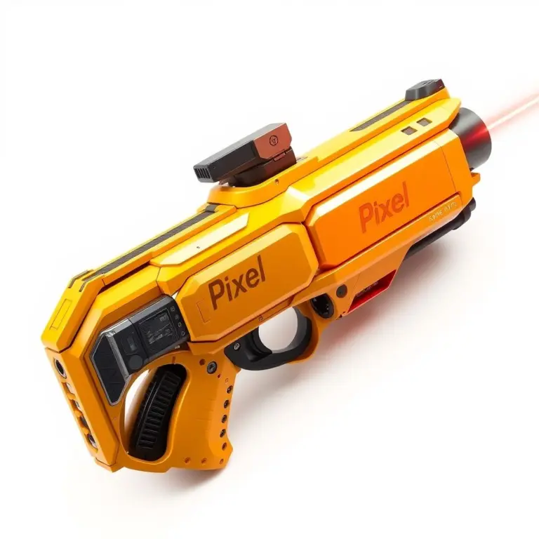 Futuristic yellow laser blaster with red beam, 'Pixel' engraving.