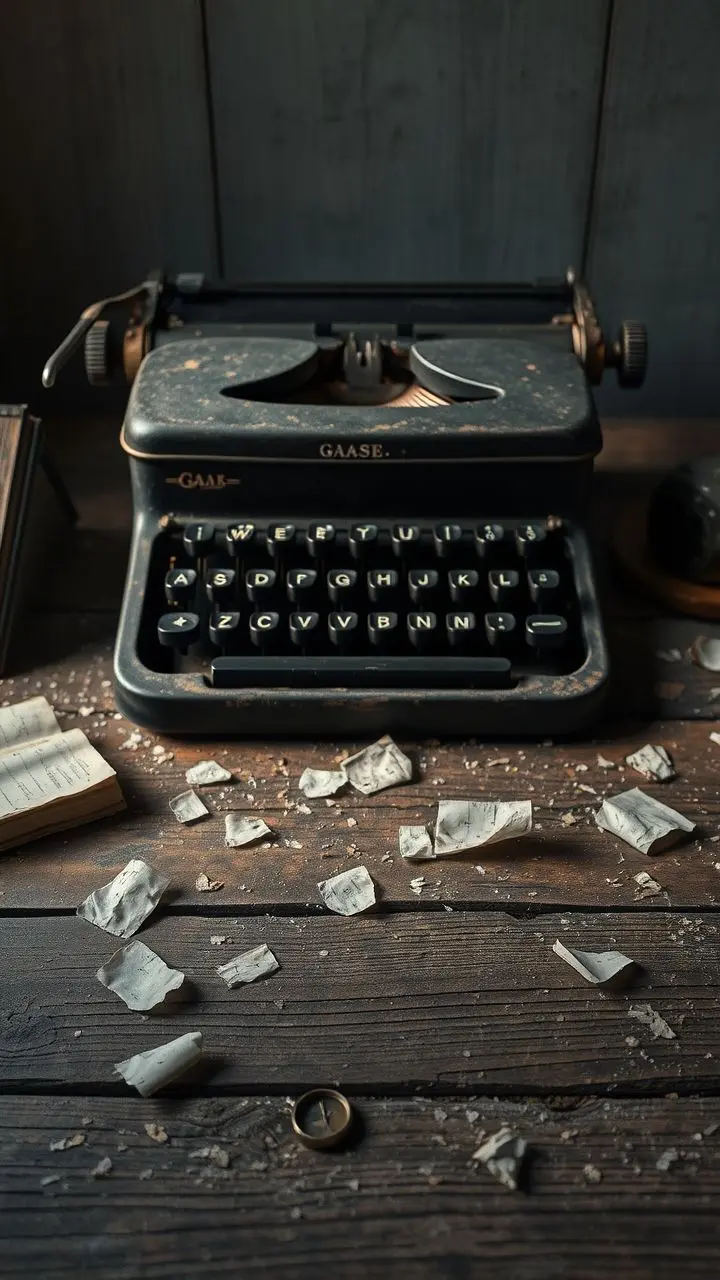 Vintage typewriter on a desk with paper fragments, Gaia Theory inspired.
