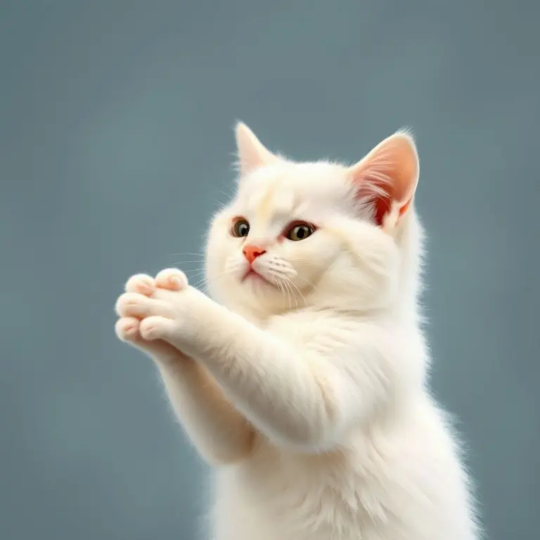 Gato albino blanco con ojos azules inclinándose en agradecimiento.