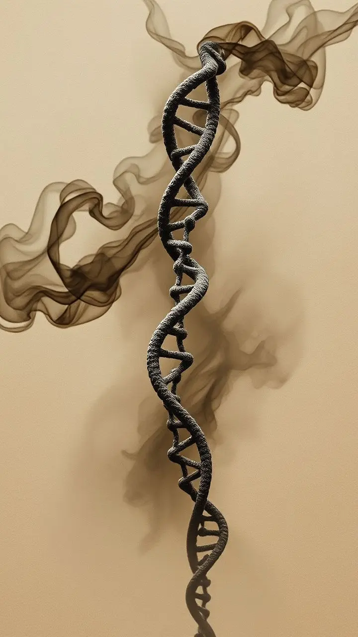 Collage of gene motif and smoky emission blurs.