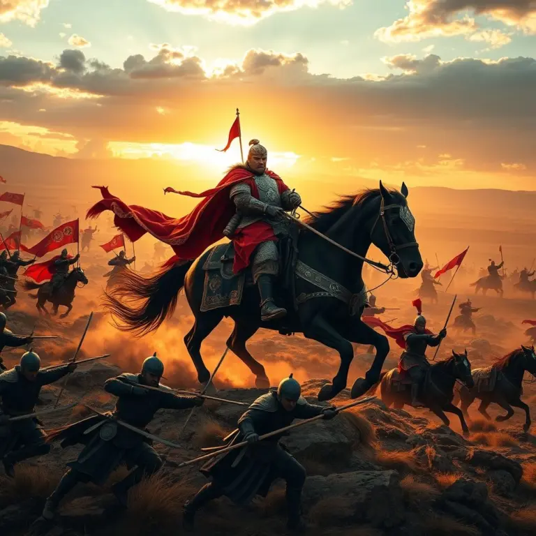 Genghis Khan on horseback at sunrise amidst a battle.