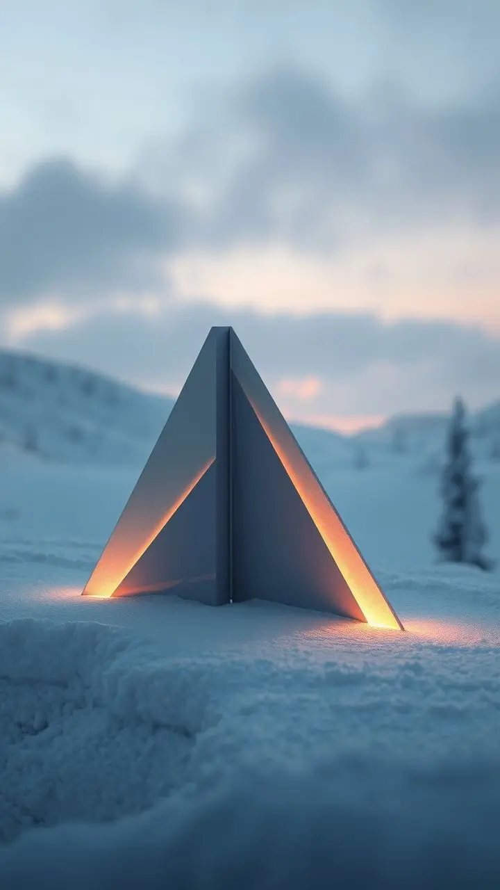 Sleek geometric bookend with glowing accents on a snowy landscape during civil twilight.