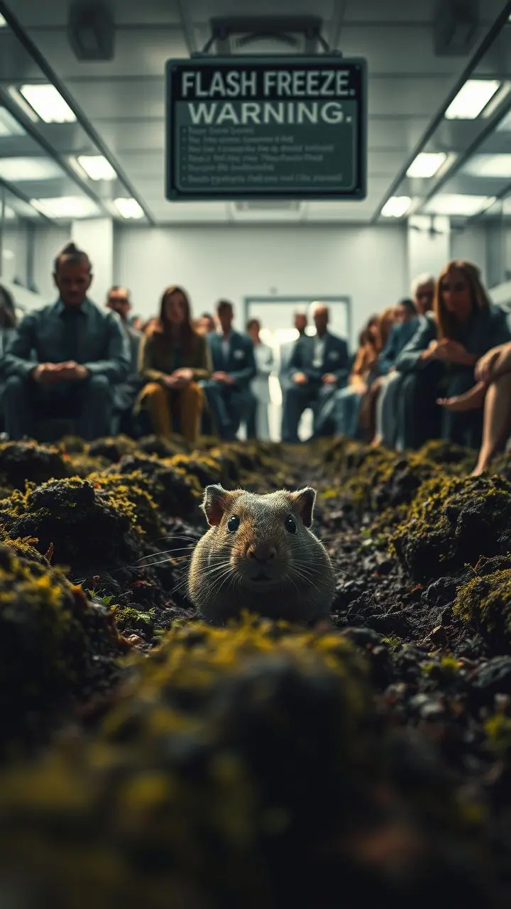 A gerbil digging in mossy soil with a dystopian medical facility and warning sign in the background.