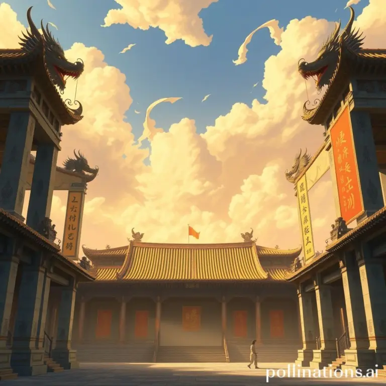 Ancient Chinese palace hall with dragon pillars and banners in Studio Ghibli style.